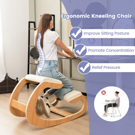 Wooden Rocking Chair with Comfortable Padded Seat Cushion and Knee Support-Beige