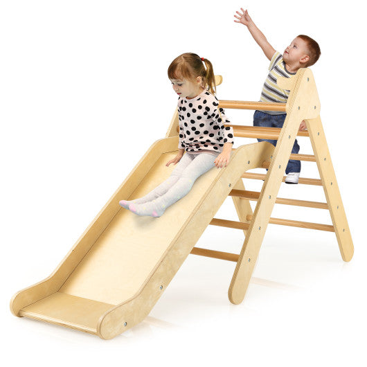 2-in-1 Wooden Triangle Climber Set with Gradient Adjustable Slide-Natural