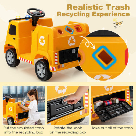 12V Kids Ride-on Garbage Truck with Warning Lights and 6 Recycling Accessories-Yellow