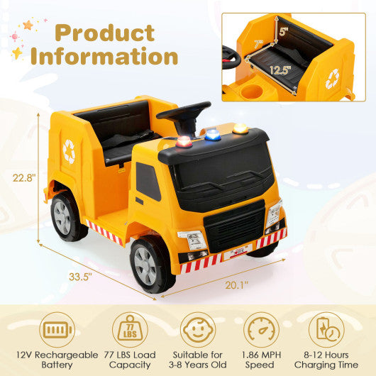 12V Kids Ride-on Garbage Truck with Warning Lights and 6 Recycling Accessories-Yellow