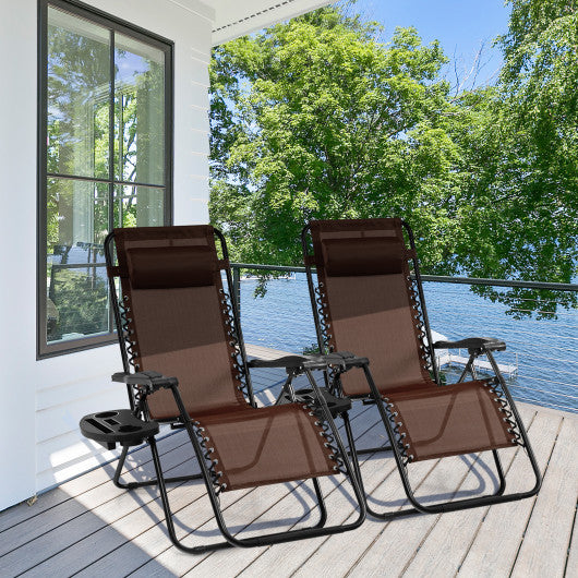 Outdoor Folding Zero Gravity Reclining Lounge Chair with Utility Tray-Brown