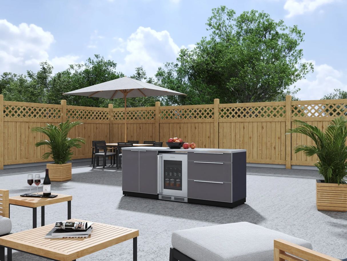 Outdoor Kitchen Aluminum 5 Piece Cabinet Set with 3-Drawer, 2-Door Cabinet, Countertops and Fridge