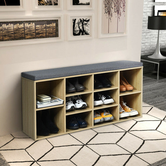 10-Cube Organizer Shoe Storage Bench with Cushion for Entryway-Beige