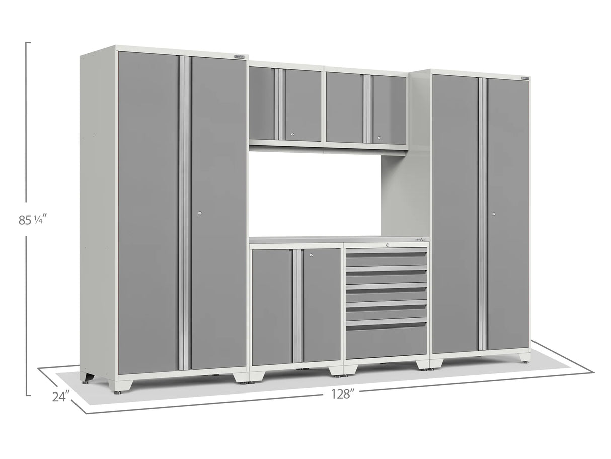 Pro Series 7 Piece Cabinet Set with Base, Wall, Tool Drawer Cabinet, Lockers and 56 In. Worktop