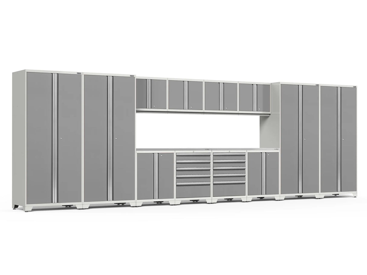 Pro Series 14 Piece Cabinet Set with Lockers, Base, Wall, Tool Drawer Cabinets and 56 In. Worktop