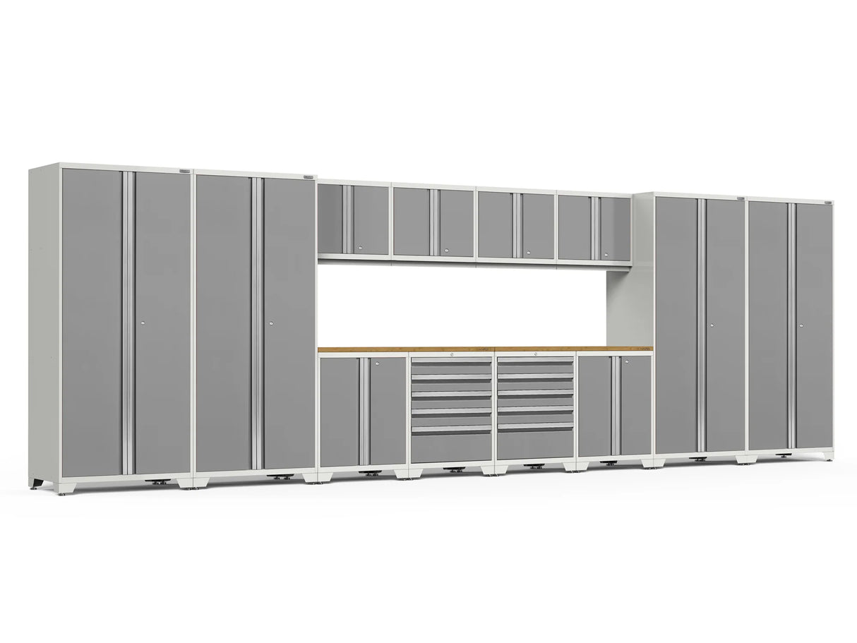 Pro Series 14 Piece Cabinet Set with Lockers, Base, Wall, Tool Drawer Cabinets and 56 In. Worktop