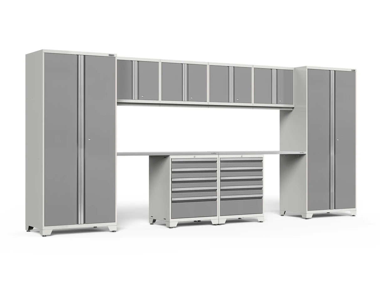 Pro Series 10 Piece Cabinet Set with Lockers, Wall, Tool Drawer Cabinets, and 56 In. Worktop