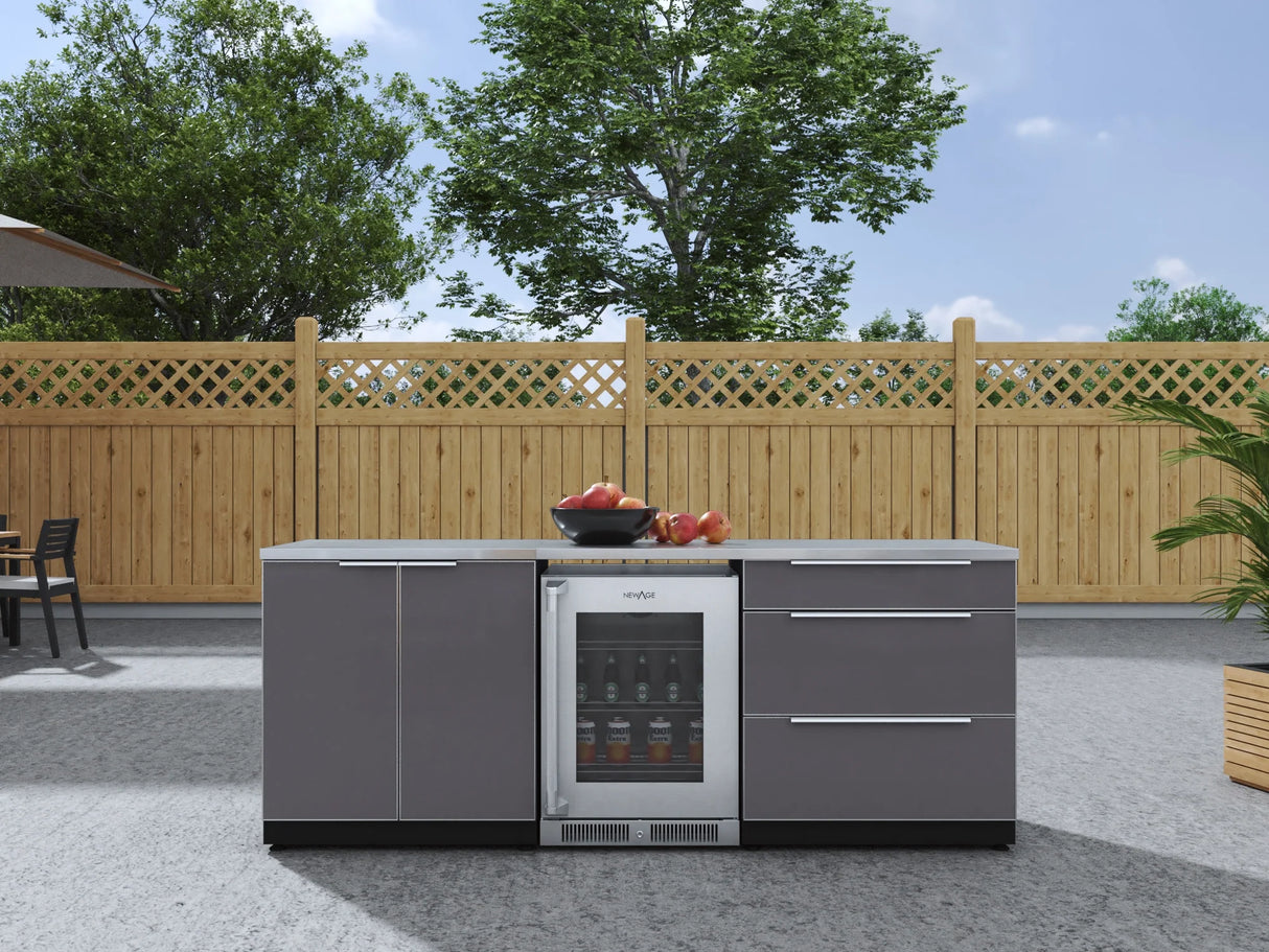 Outdoor Kitchen Aluminum 5 Piece Cabinet Set with 3-Drawer, 2-Door Cabinet, Countertops and Fridge