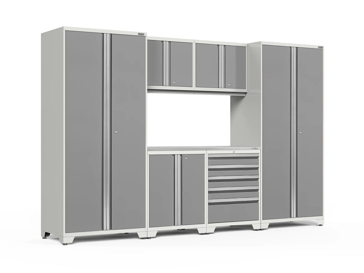 Pro Series 7 Piece Cabinet Set with Base, Wall, Tool Drawer Cabinet, Lockers and 56 In. Worktop