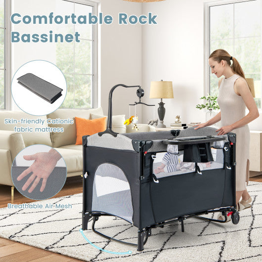 5-in-1 Baby Nursery Center Foldable Toddler Bedside Crib with Music Box-Gray