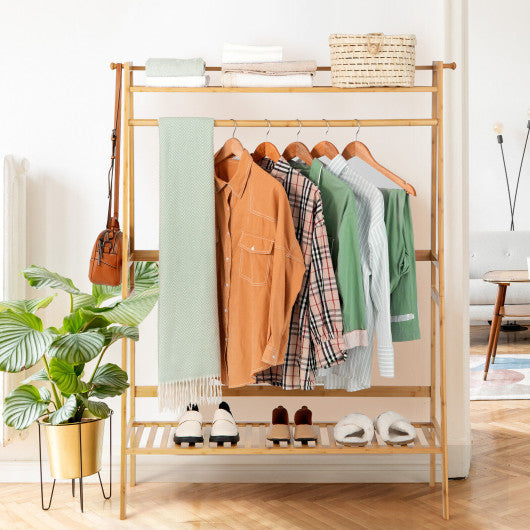 Bamboo Clothing Rack with Storage Shelves-Natural