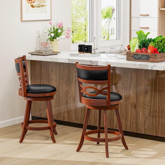 Bar Stools Set of 2 with Rubber Wood Frame and Faux Leather Upholstered Seat-24 Inch