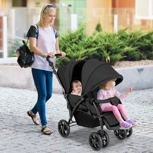 Foldable Lightweight Front Back Seats Double Baby Stroller-Black