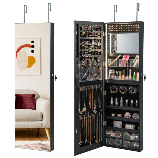 Wall Mounted Jewelry Cabinet with 3-Color Lights-Black