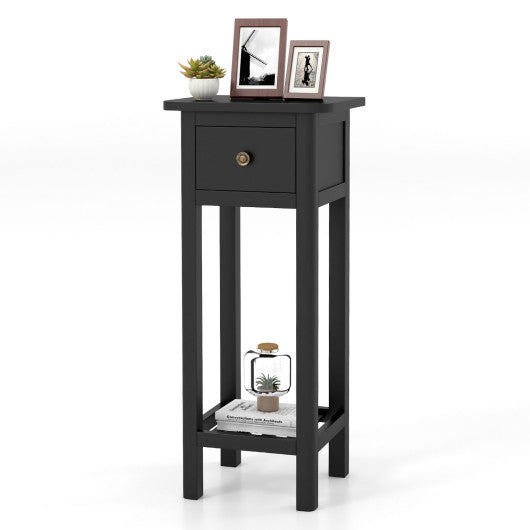 2 Tier Slim Nightstand Bedside Table with Drawer Shelf-Black