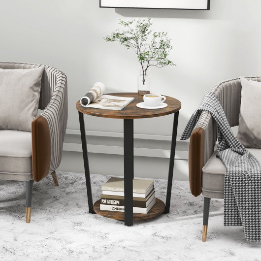 2-tier Round End Table with Storage Shelf and Metal Frame-Brown