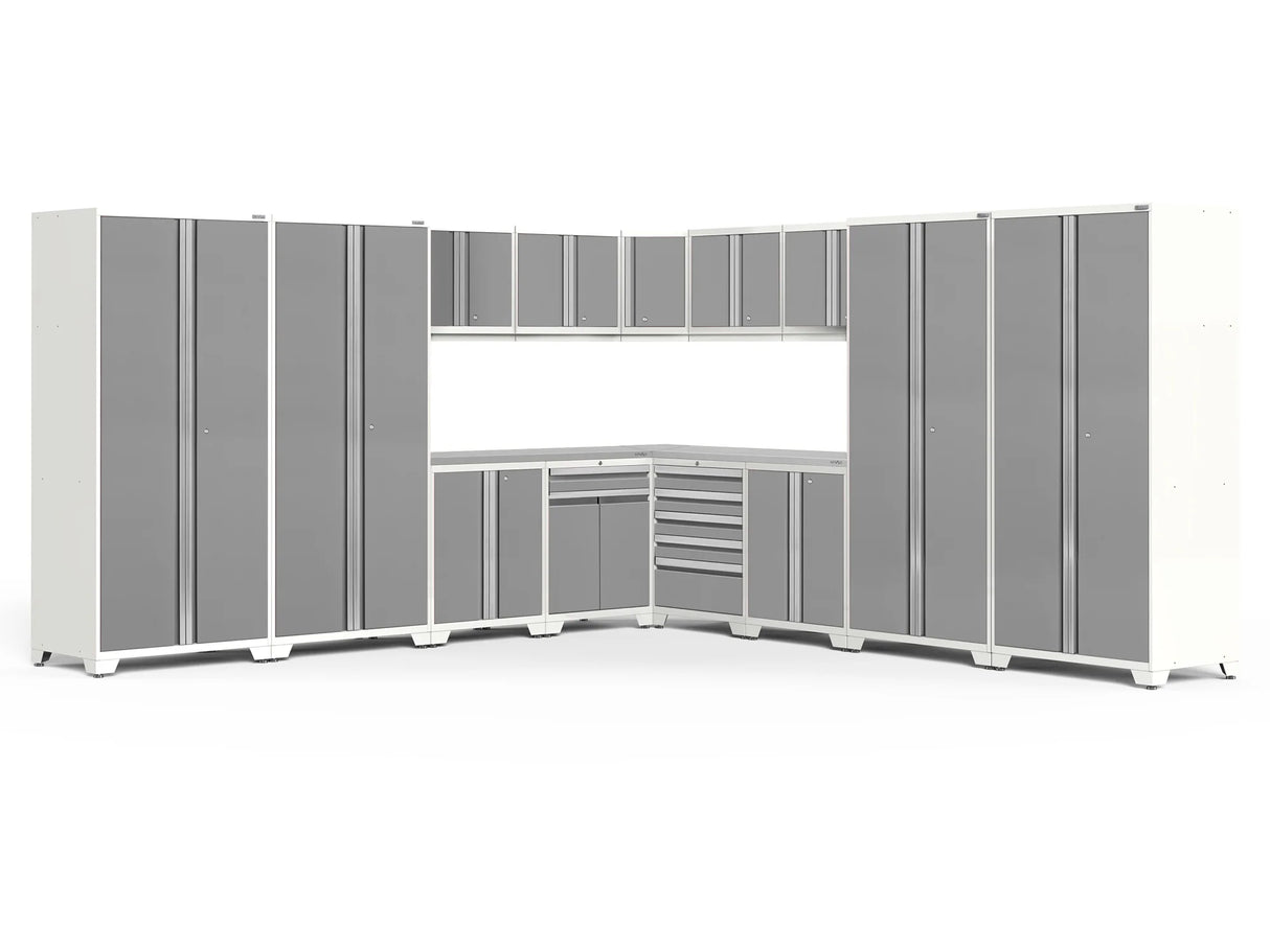 Pro Series 16 Piece Cabinet Set with Lockers, Wall, Tool Drawer, Base, Corner Wall Cabinet and 56 In. Worktop