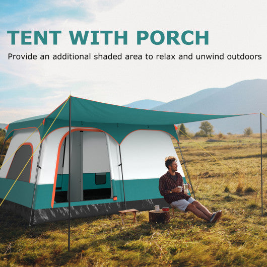 6-8 Person Camping Tent with Double Rooms and 2 Doors-Green