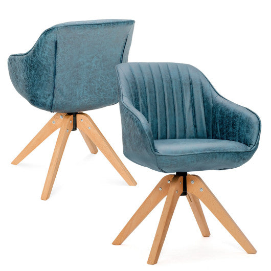 Modern Leathaire Set of 2 Swivel Accent Chair with Beech Wood Legs-Blue