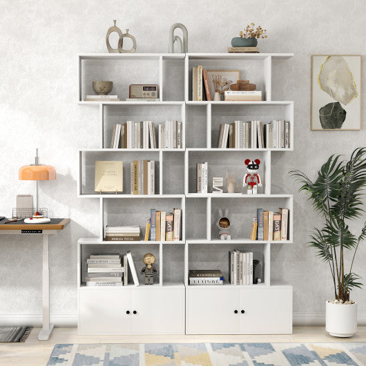6-Tier S-Shaped Freestanding Bookshelf with Cabinet and Doors-White
