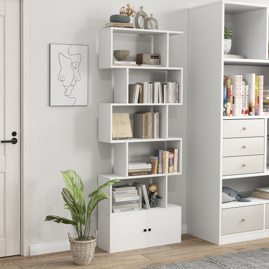 6-Tier S-Shaped Freestanding Bookshelf with Cabinet and Doors-White