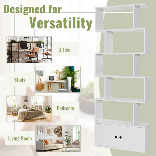 6-Tier S-Shaped Freestanding Bookshelf with Cabinet and Doors-White