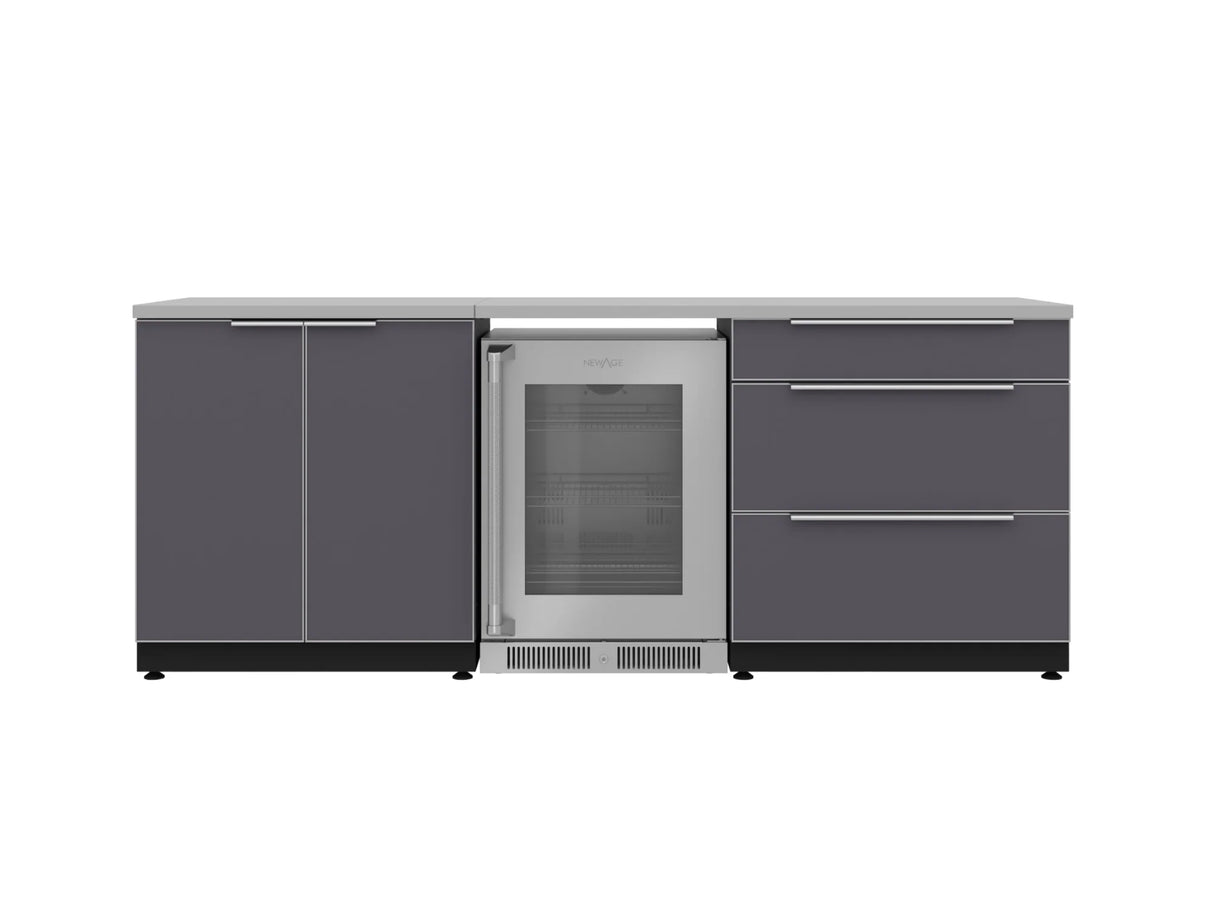 Outdoor Kitchen Aluminum 5 Piece Cabinet Set with 3-Drawer, 2-Door Cabinet, Countertops and Fridge