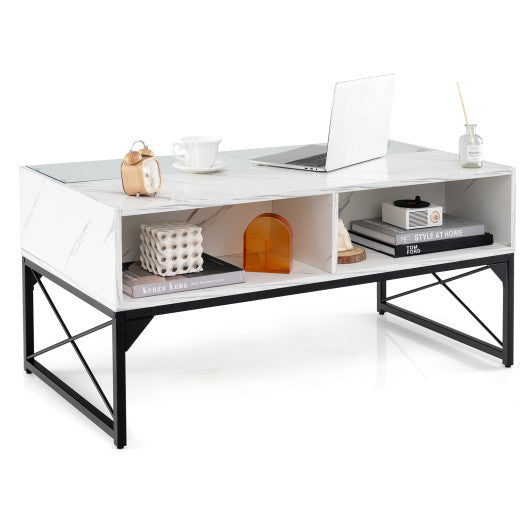 Center Table with Faux Marble and Tempered Glass Top-White