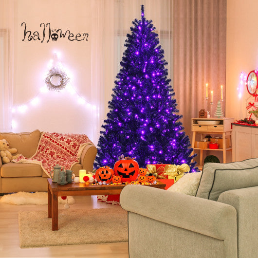 Black Artificial Christmas Halloween Tree with Purple LED Lights-7 ft