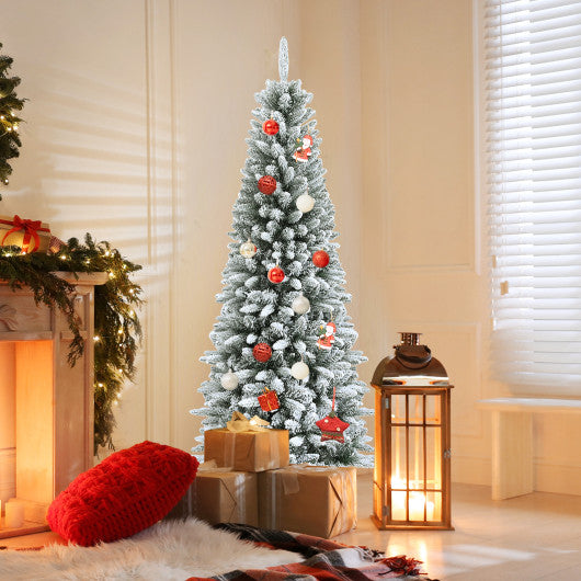 Snow-Flocked Hinged Artificial Christmas Pencil Tree with Mixed Tips-6.5 ft