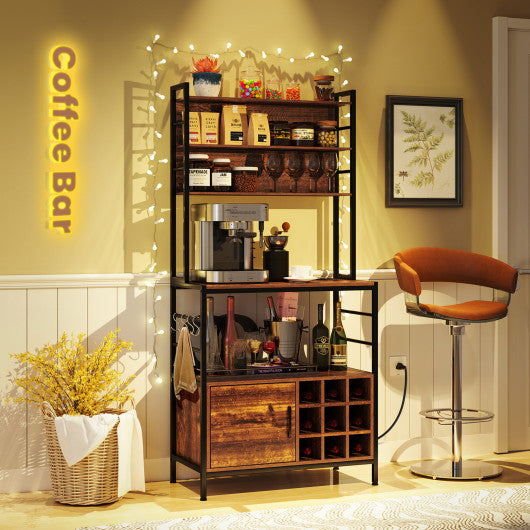 Coffee Bar Cabinet with S-Shaped Hooks and Wine Bottle Holders-Rustic Brown