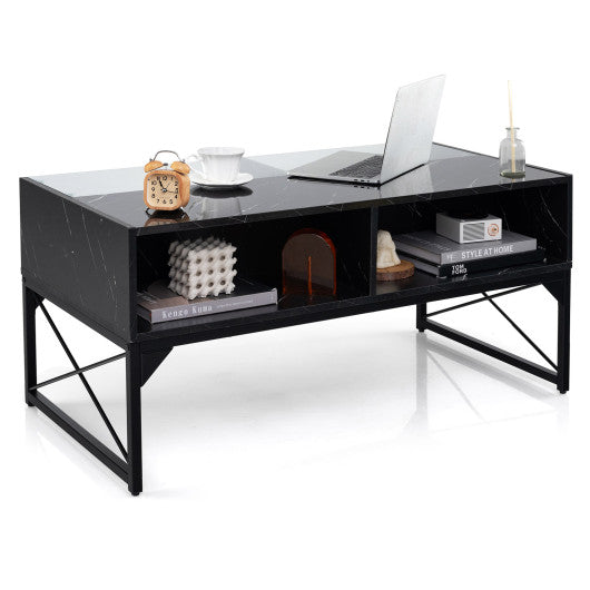 Center Table with Faux Marble and Tempered Glass Top-Black