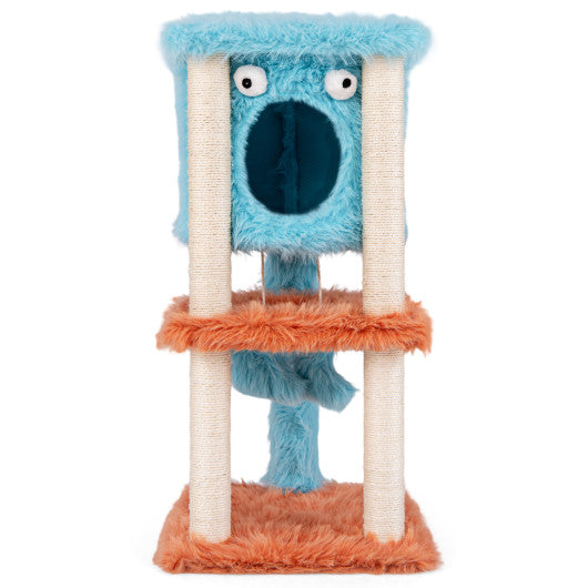Cute Monster-Themed Cat Tower with Private Condo and Soft Long Plush-Blue