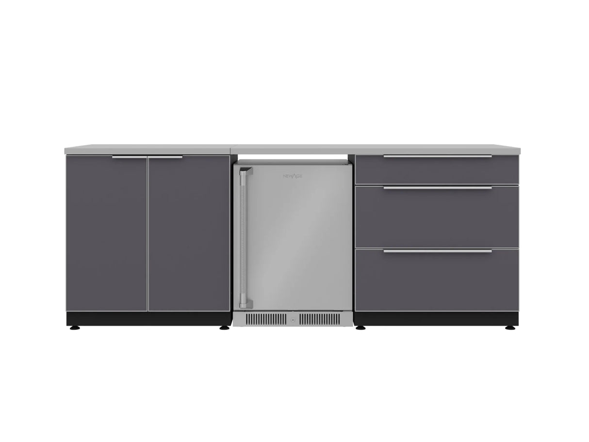 Outdoor Kitchen Aluminum 5 Piece Cabinet Set with 3-Drawer, 2-Door Cabinet, Countertops and Fridge