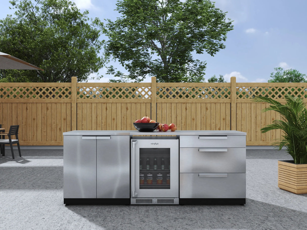 Outdoor Kitchen Stainless Steel 5 Piece Cabinet Set with 3-Drawer, 2-Door Cabinet, Countertops and Fridge