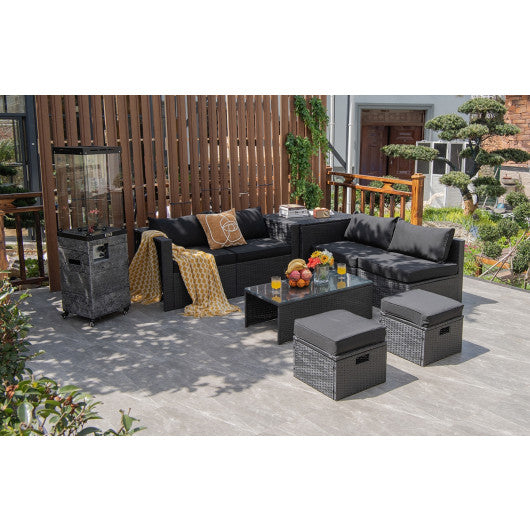 8 Pieces Patio Rattan Storage Table Furniture Set-Black
