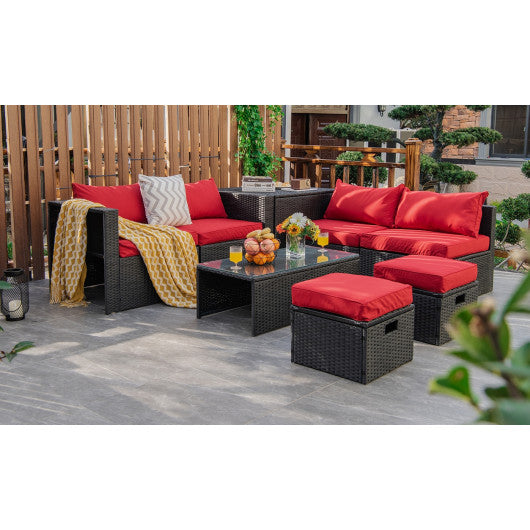 8 Pieces Patio Rattan Storage Table Furniture Set-Red