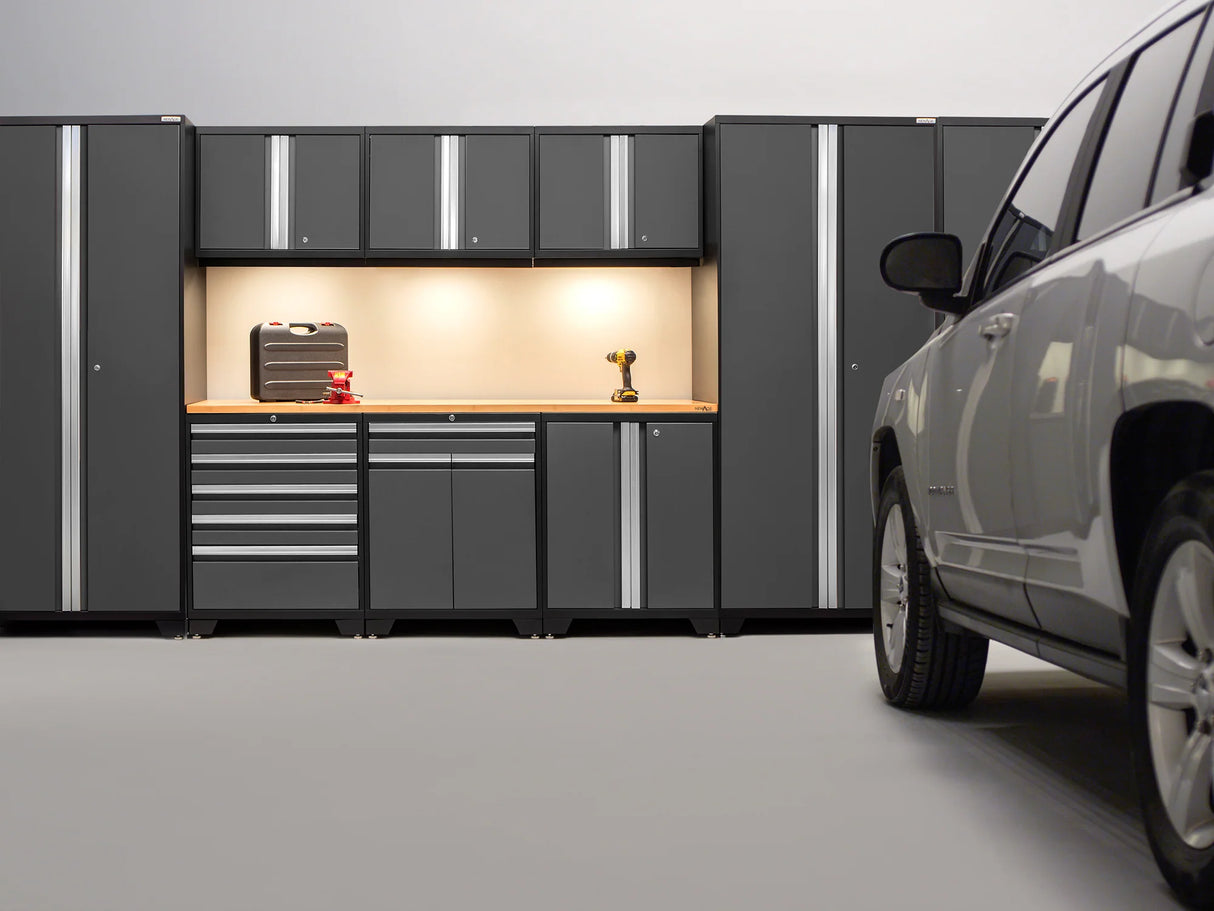 Pro Series Gray 12 Piece Cabinet Set with Wall, Tool Drawer, Multi-Function Cabinet, Lockers and 112 In. Worktop