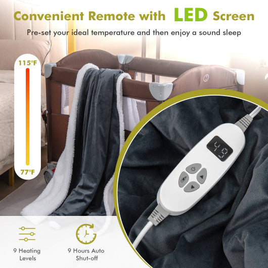 Electric Heated Blanket Throw Reversible Flannel and Sherpa Blanket-Gray