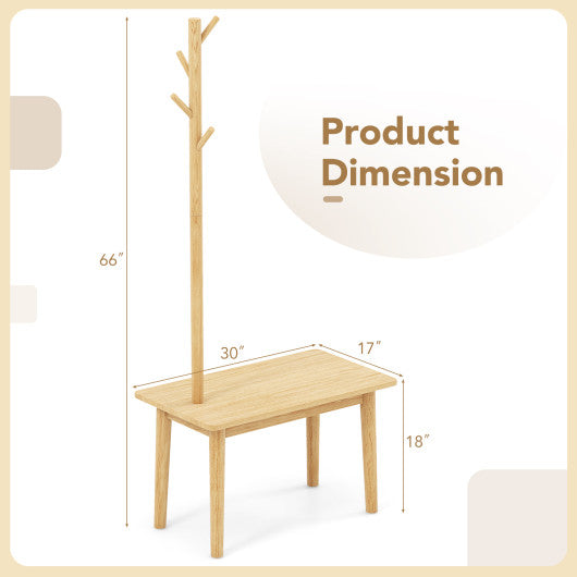End Table with Coat Rack Solid Wood Coat Tree with 2-in-1 Side Table-Natural