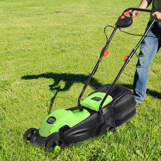 13 Inch Electric Push Lawn Corded Mower with Grass Bag-Green