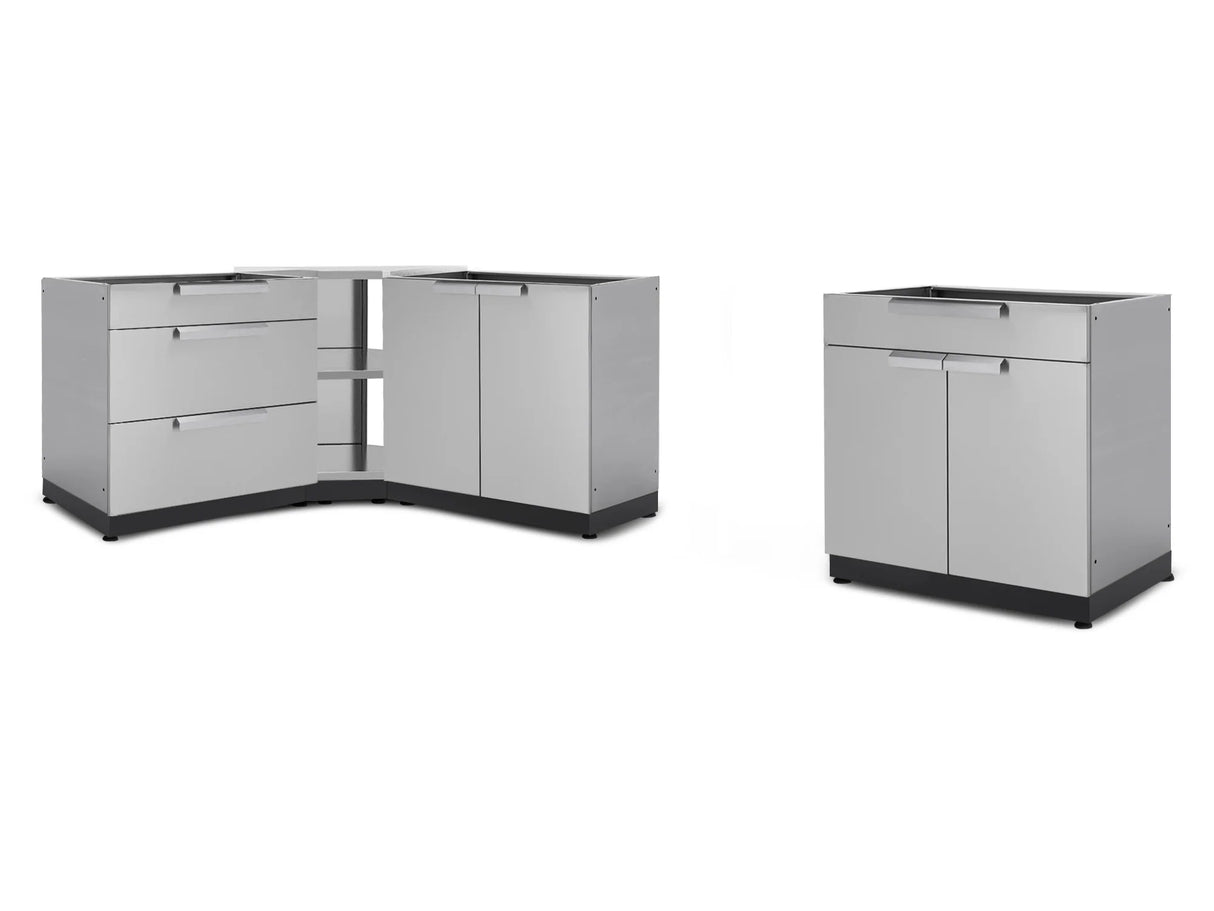 Outdoor Kitchen Stainless Steel 4 Piece Cabinet Set with Corner Shelf, 2-Door, 3-Drawer and Bar Cabinet