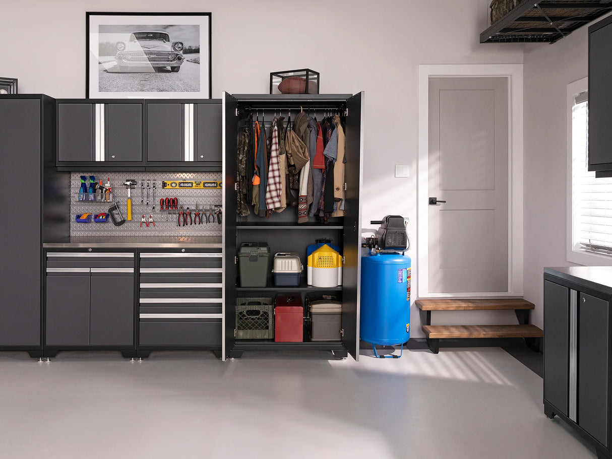 Pro Series 7 Piece Cabinet Set with Base, Wall, Tool Drawer Cabinet, Lockers and 56 In. Worktop