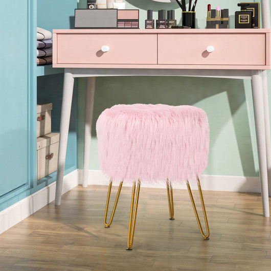Faux Fur Vanity Stool Chair with Metal Legs for Bedroom and Living Room-Pink