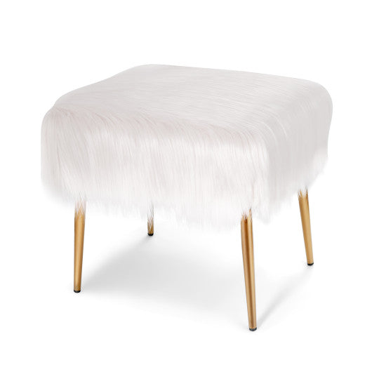 Faux Fur Vanity Stool with Golden Metal Legs for Makeup Room-White