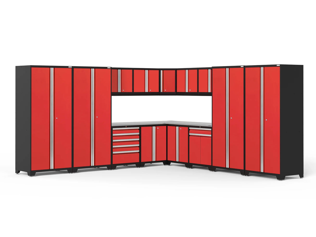 Pro Series 16 Piece Cabinet Set with Lockers, Wall, Tool Drawer, Base, Corner Wall Cabinet and 56 In. Worktop