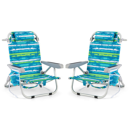 Foldable Backpack Beach Chair with Cup Holder and Storage Pockets Set of 2-Green