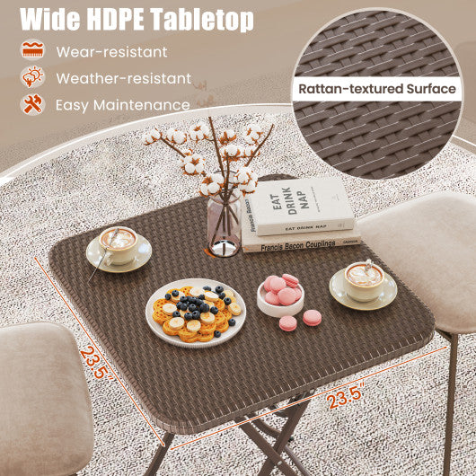 Folding Picnic Table with Rattan Grain HDPE Tabletop and Sturdy Metal Fame-Coffee