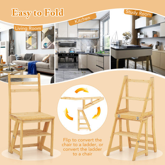 Multifunctional 3-in-1 Ladder Chair Display Plant Stand for Library Kitchen Office-Natural