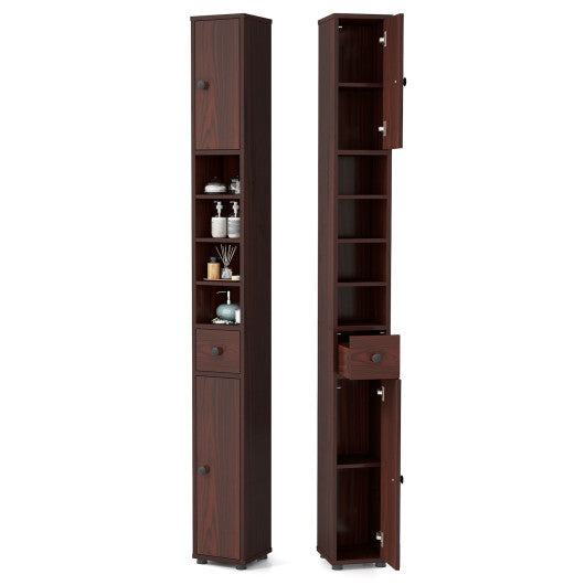 Freestanding Slim Bathroom Cabinet with Drawer and Adjustable Shelves-Brown